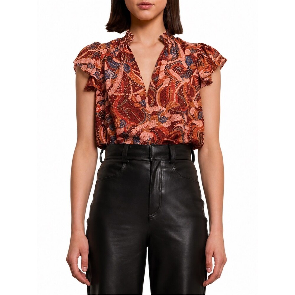 A.L.C. Hayley Printed Silk Blend Ruffle Blouse Smocked Neck Top Size 2